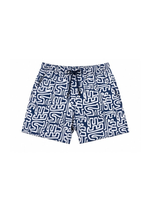 Navy and white maze-print swim trunks with elastic waistband and white drawstring, displayed flat on a white background.
