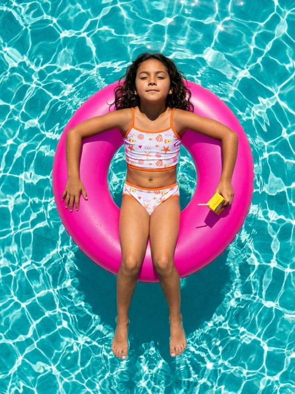 Overhead shot of a young girl in a starfish-print tankini floating in a pink inflatable ring in a sunlit pool, holding a yellow popsicle.
